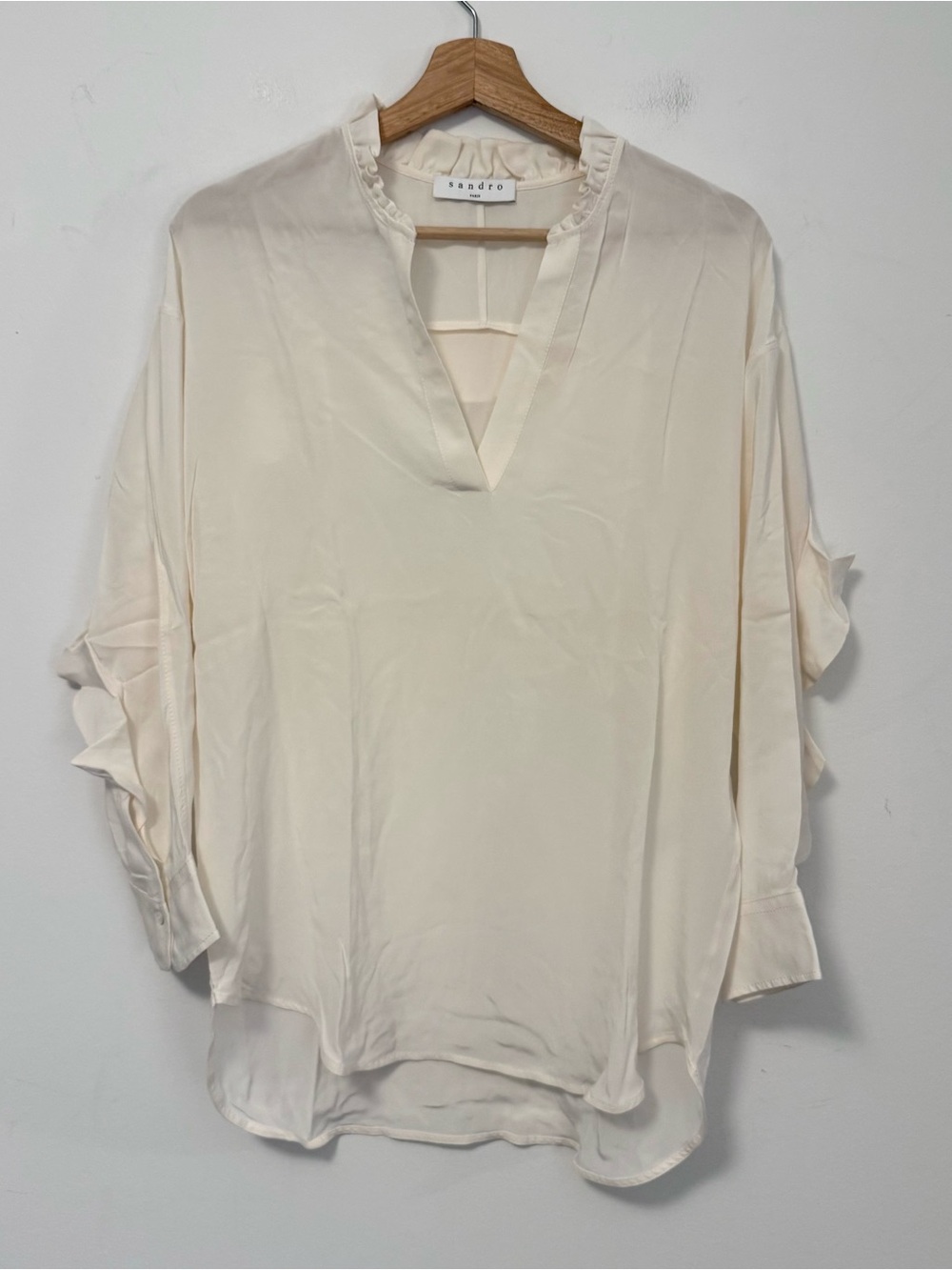 Sandro Paris Silk Ruffle Blouse Size 3 US Large Ivory Long Sleeve Designer Top